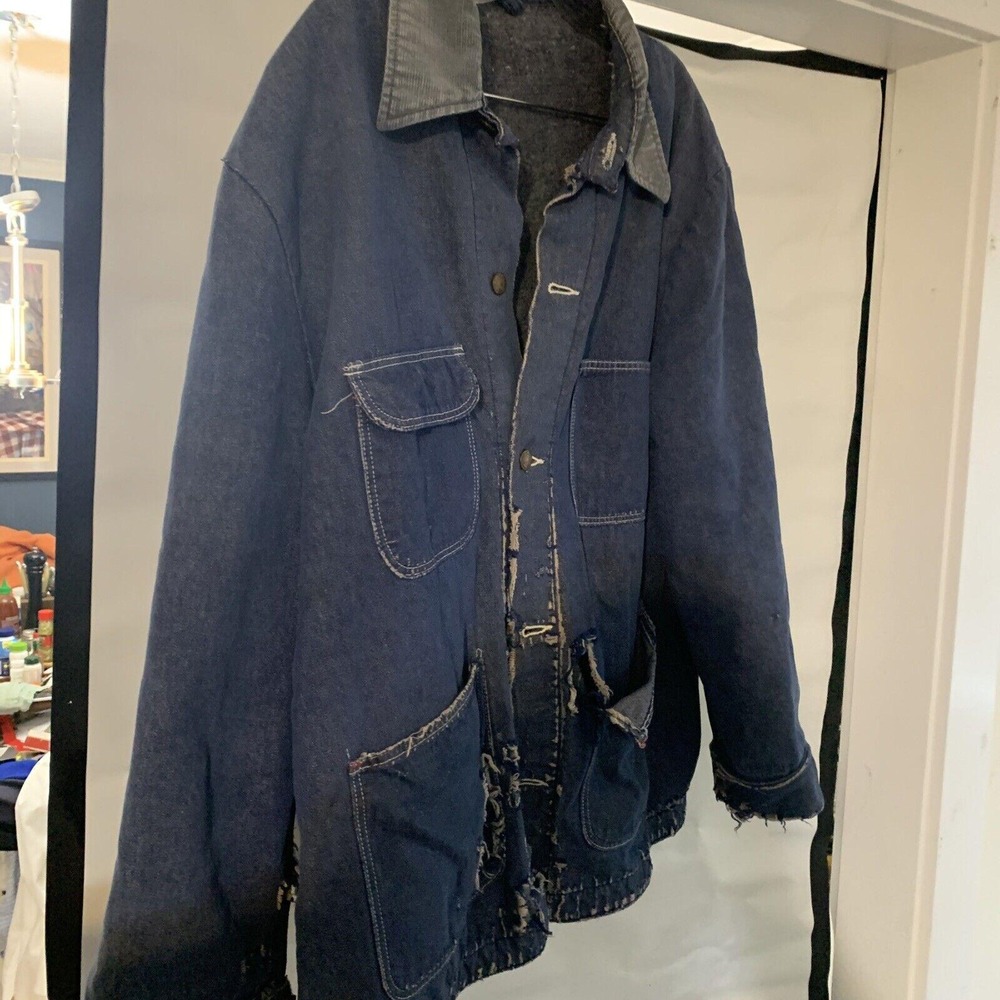 Vintage Wrangler Blanket Lined Denim Chore Coat Distressed Indigo Blue Size 48